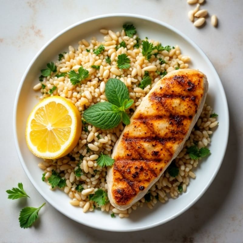 Fresh Herb-Citrus Rice Pilaf with Toasted Pine Nuts and Grilled Chicken