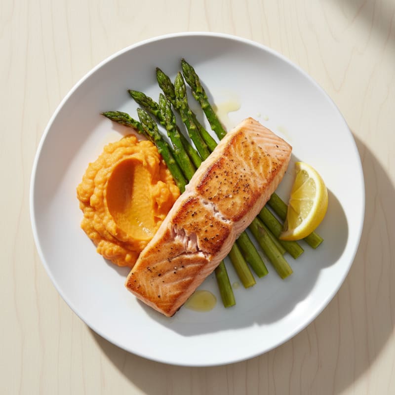 Seared Salmon with Roasted Asparagus and Sweet Potato Mash
