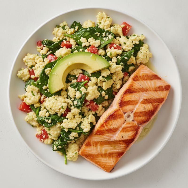 Egg White Veggie Scramble with Seared Salmon