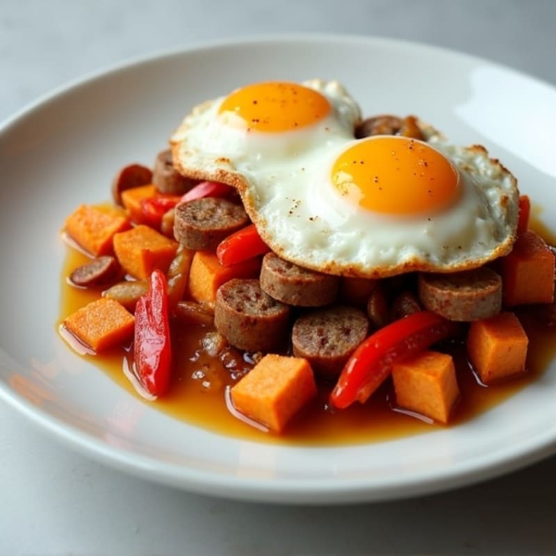 Crispy Sweet Potato and Turkey Sausage Hash with Baked Eggs