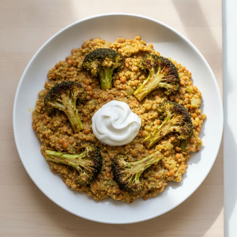 Creamy Lentil and Quinoa Skillet with Roasted Broccoli