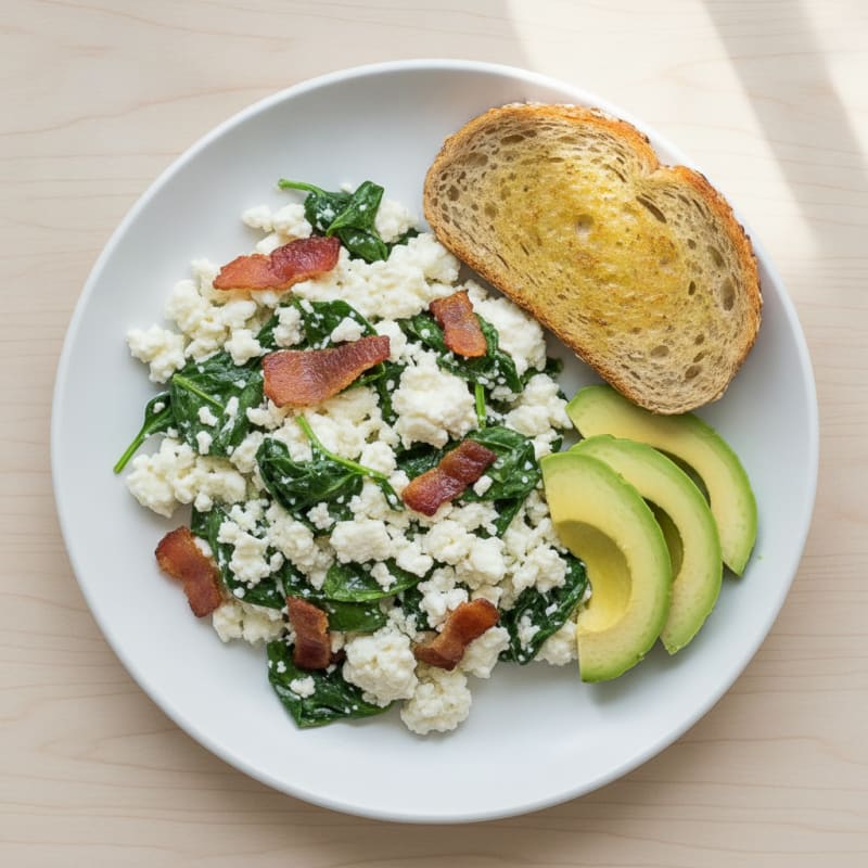 Egg White and Cottage Cheese Scramble with Spinach and Turkey Bacon