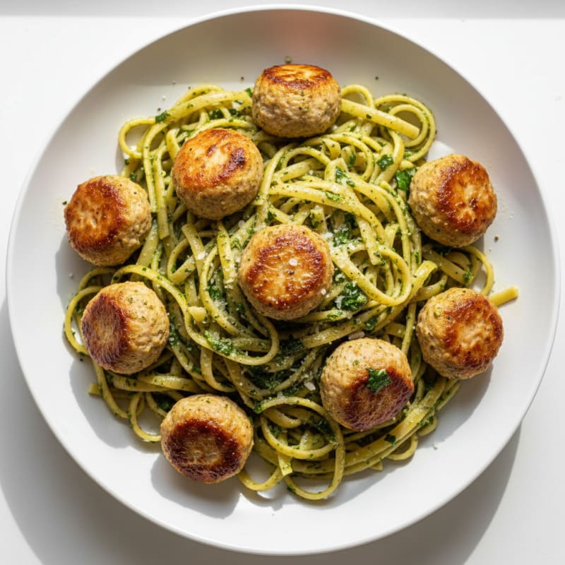 Pesto Meatballs with Linguine