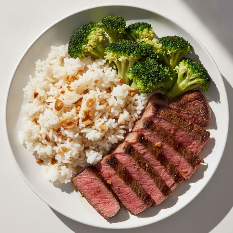 Seared Steak with Garlic Rice and Steamed Broccoli