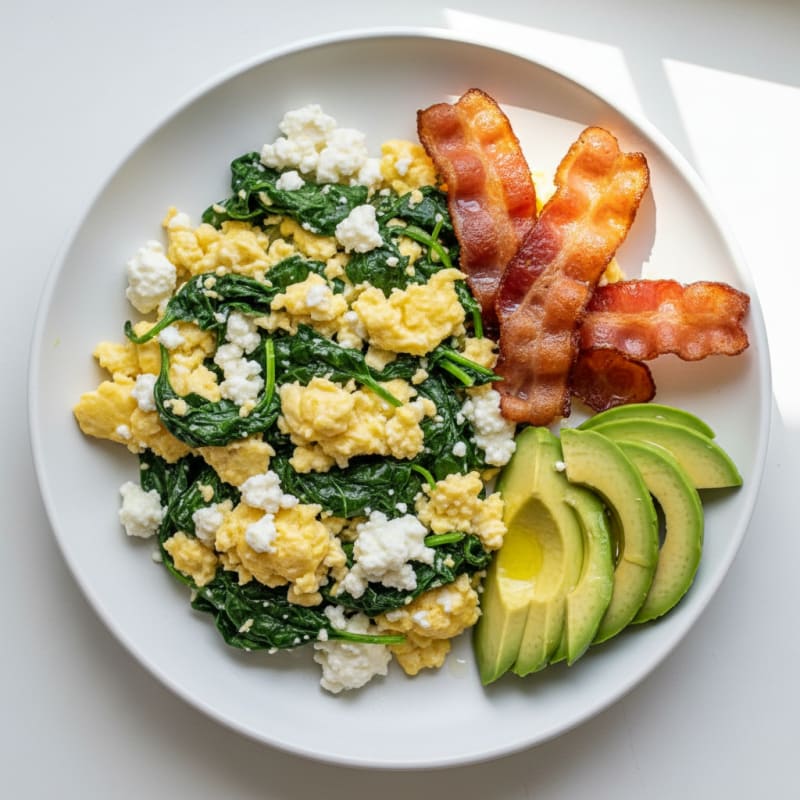 Cottage Cheese Egg Scramble with Spinach and Turkey Bacon