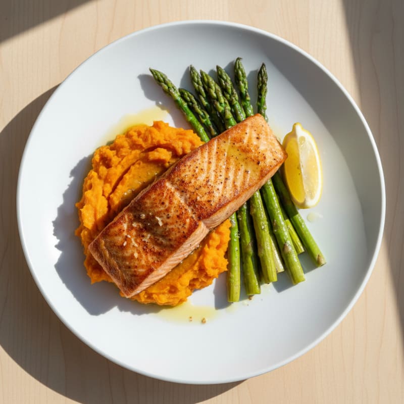 Seared Salmon with Roasted Asparagus and Sweet Potato Mash