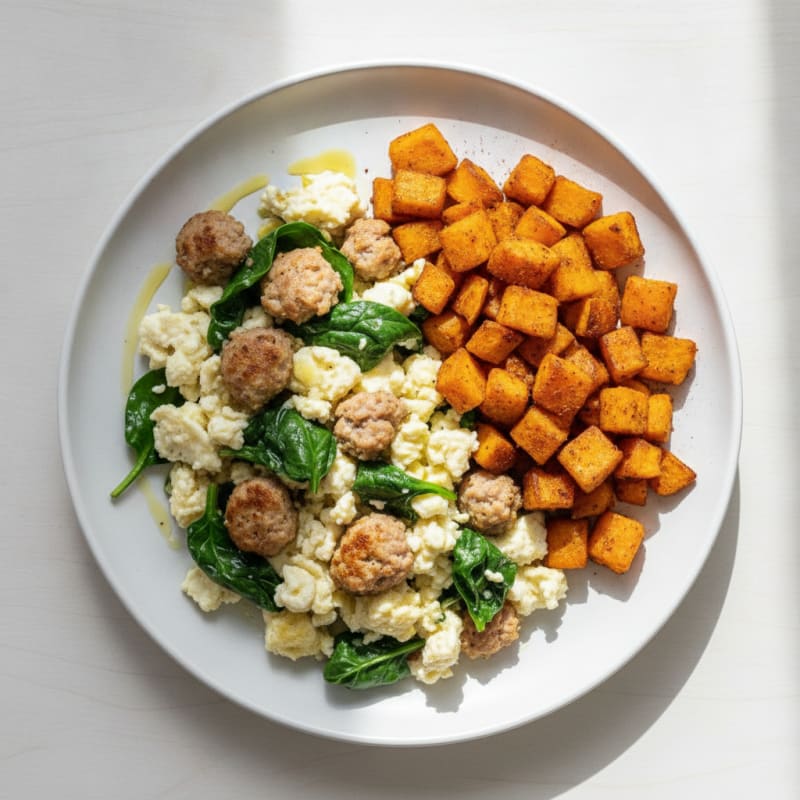 Egg White and Turkey Sausage Scramble with Spinach and Sweet Potato Hash