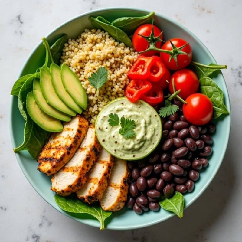 Grilled Chicken and Quinoa Power Bowl with Creamy Avocado Dressing