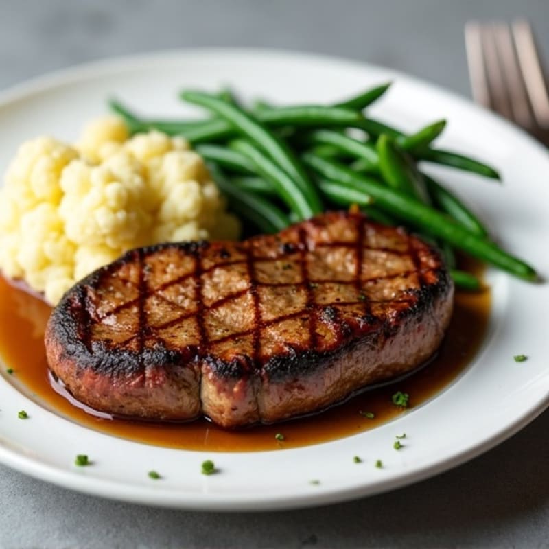 Seared Sirloin Steak with Garlic Green Beans and Mashed Cauliflower