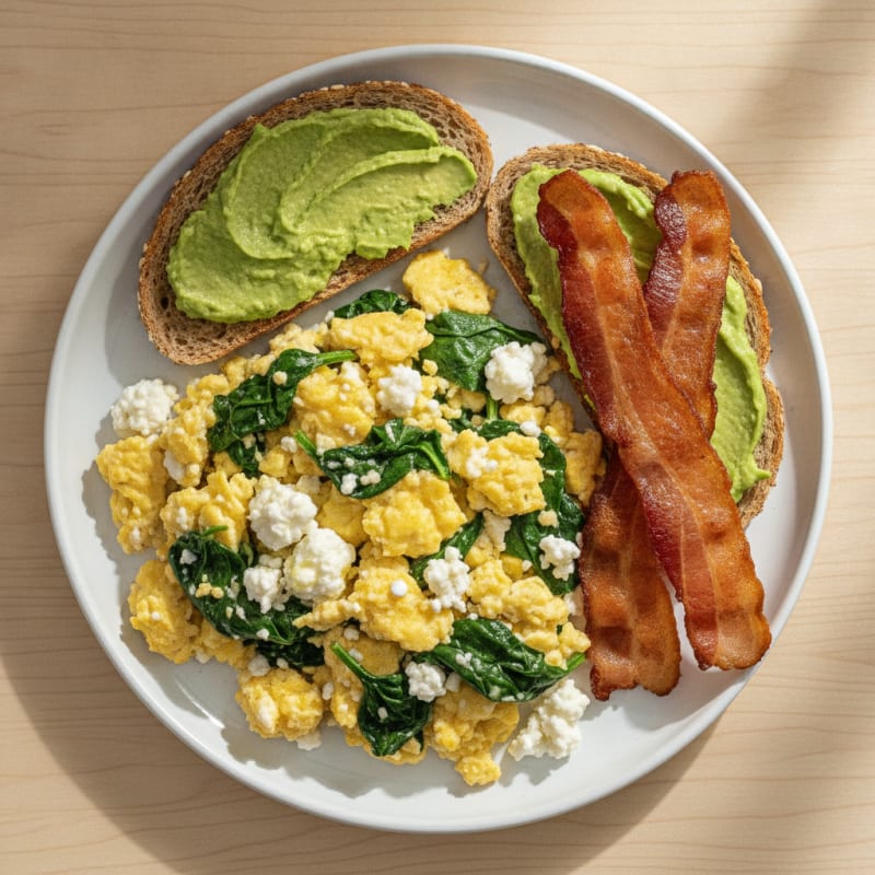 Cottage Cheese Egg Scramble with Spinach and Turkey Bacon