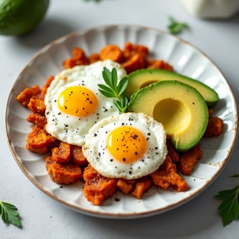 Crispy Sweet Potato Hash with Fried Eggs and Sliced Avocado