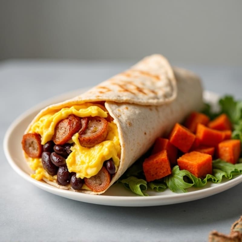 Lean Turkey Sausage and Egg Breakfast Burrito with Roasted Sweet Potatoes and Black Beans