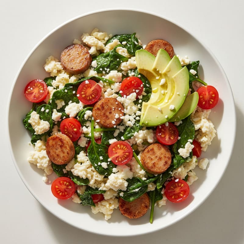 Egg White and Turkey Sausage Scramble with Spinach and Cherry Tomatoes