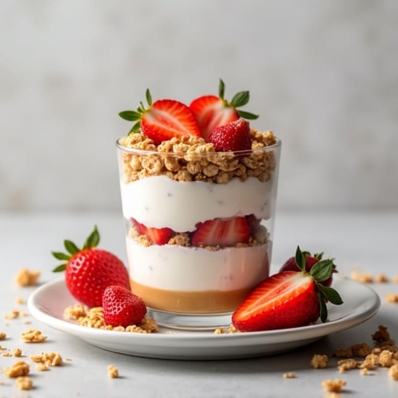 Greek Yogurt Parfait with Peanut Butter, Granola, and Strawberries