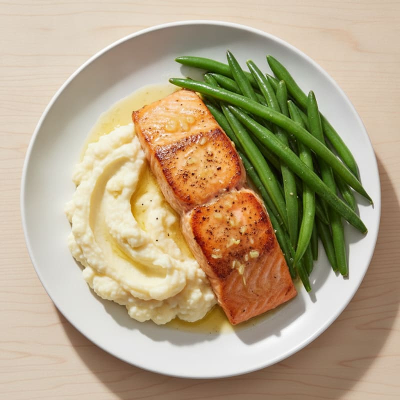 Seared Salmon with Steamed Green Beans and Garlic Mashed Cauliflower