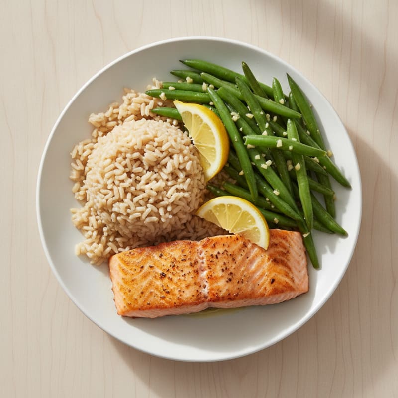 Seared Salmon with Garlic Green Beans and Brown Rice