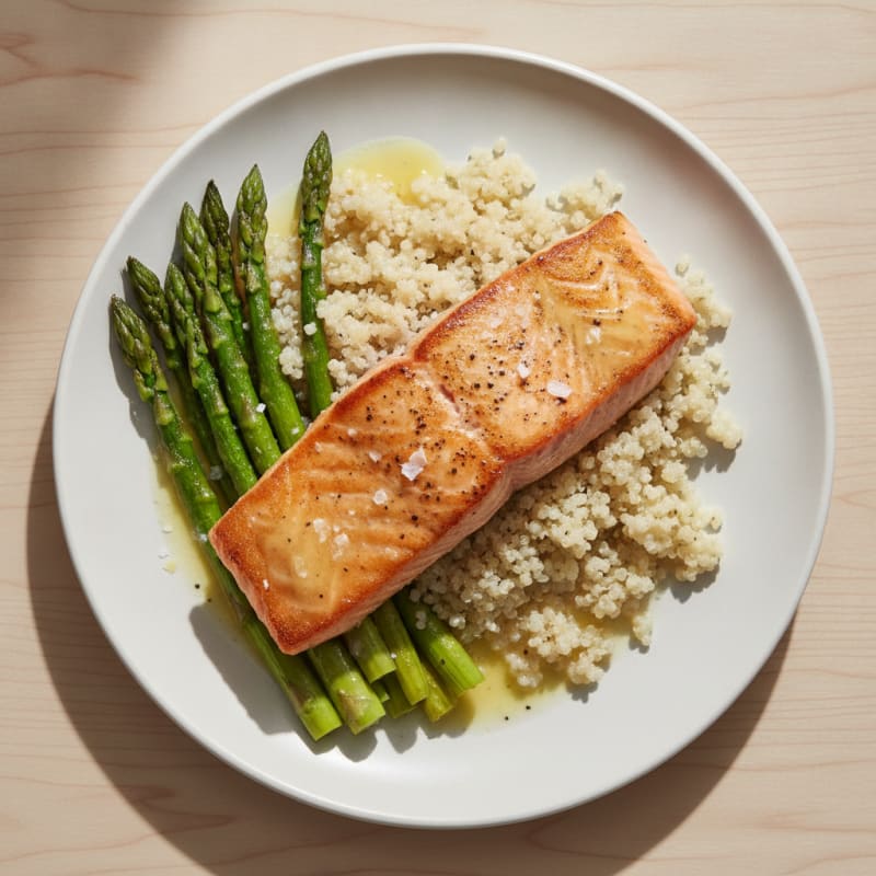 Seared Salmon Fillet with Roasted Asparagus and Quinoa