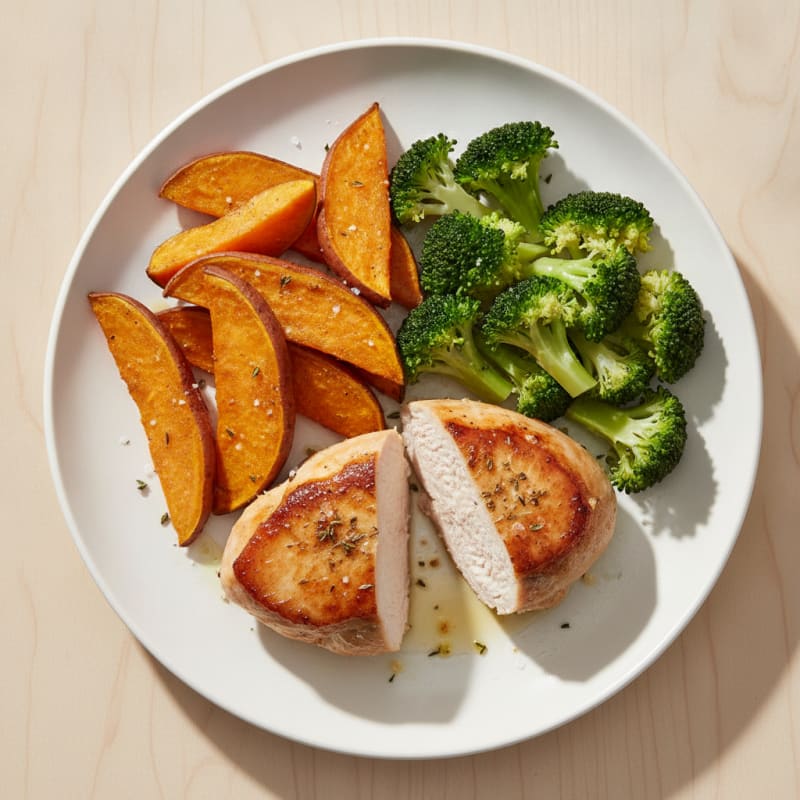 Seared Turkey Breast with Steamed Broccoli and Roasted Sweet Potato