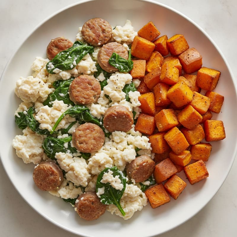 Egg White and Turkey Sausage Scramble with Spinach and Roasted Sweet Potatoes