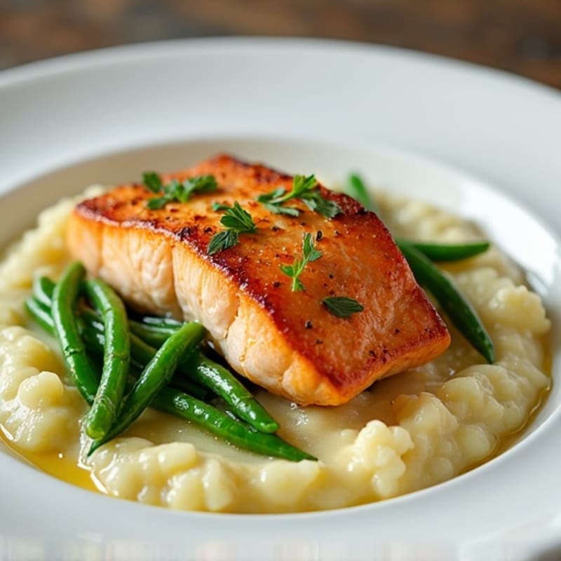 Seared Salmon Fillet with Garlic Green Beans and Cauliflower Mash