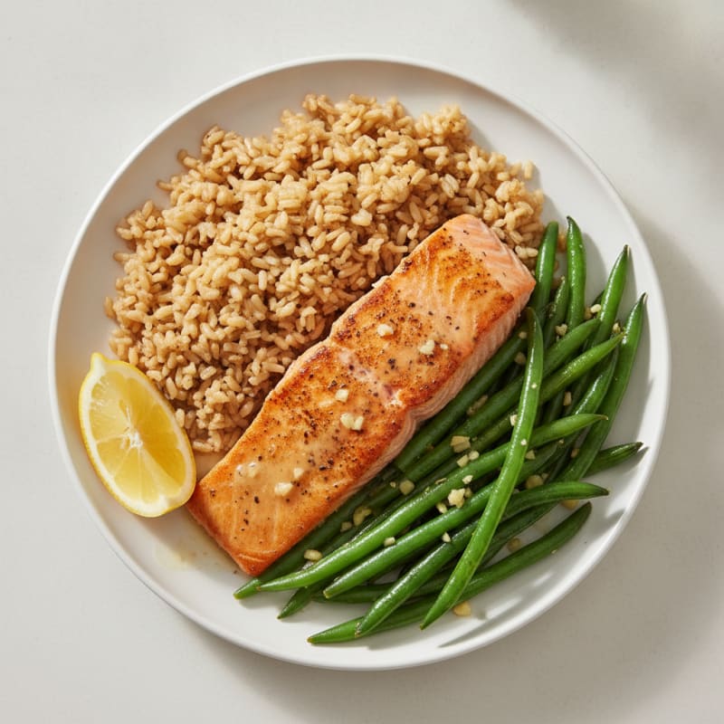 Seared Salmon with Garlic Green Beans and Brown Rice