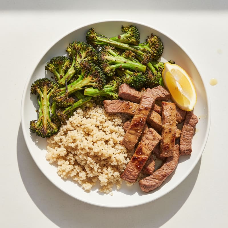 Seared Lean Beef Strips with Roasted Broccoli and Quinoa