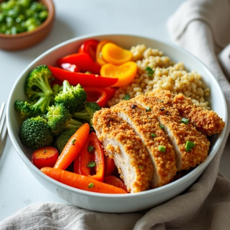 Crispy Chicken and Roasted Vegetable Bowl with Lemon-Tahini Dressing
