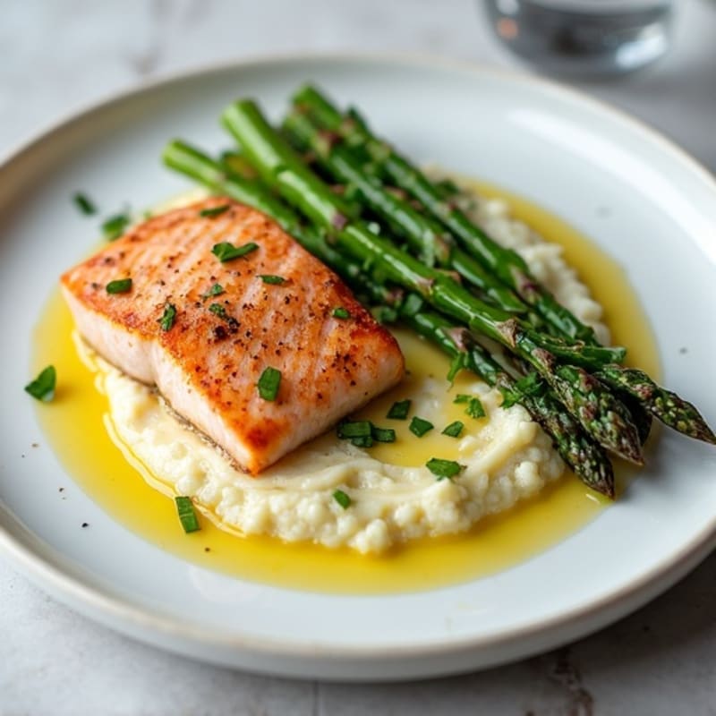 Seared Salmon with Steamed Asparagus and Garlic Cauliflower Mash