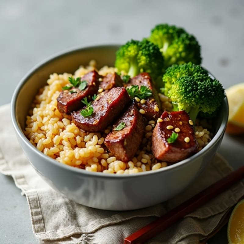 Lean Garlic Ginger Beef and Crispy Broccoli Brown Rice Bowl
