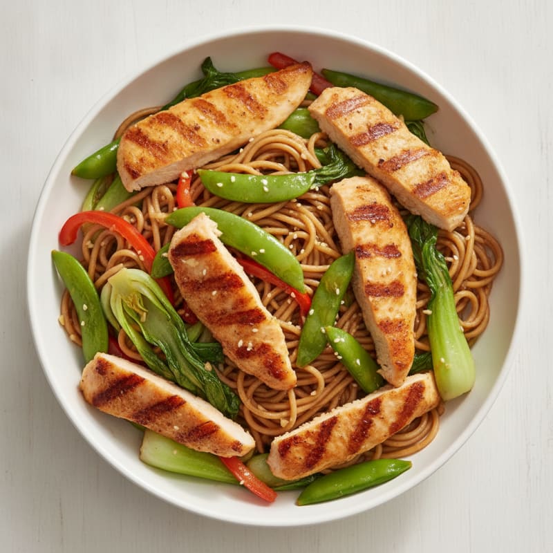Seared Chicken Breast with Sautéed Vegetables and Brown Rice Noodles