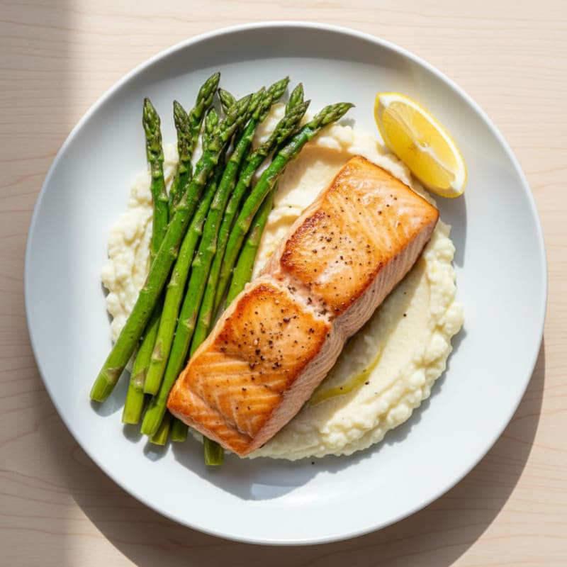 Seared Salmon with Roasted Asparagus and Cauliflower Mash