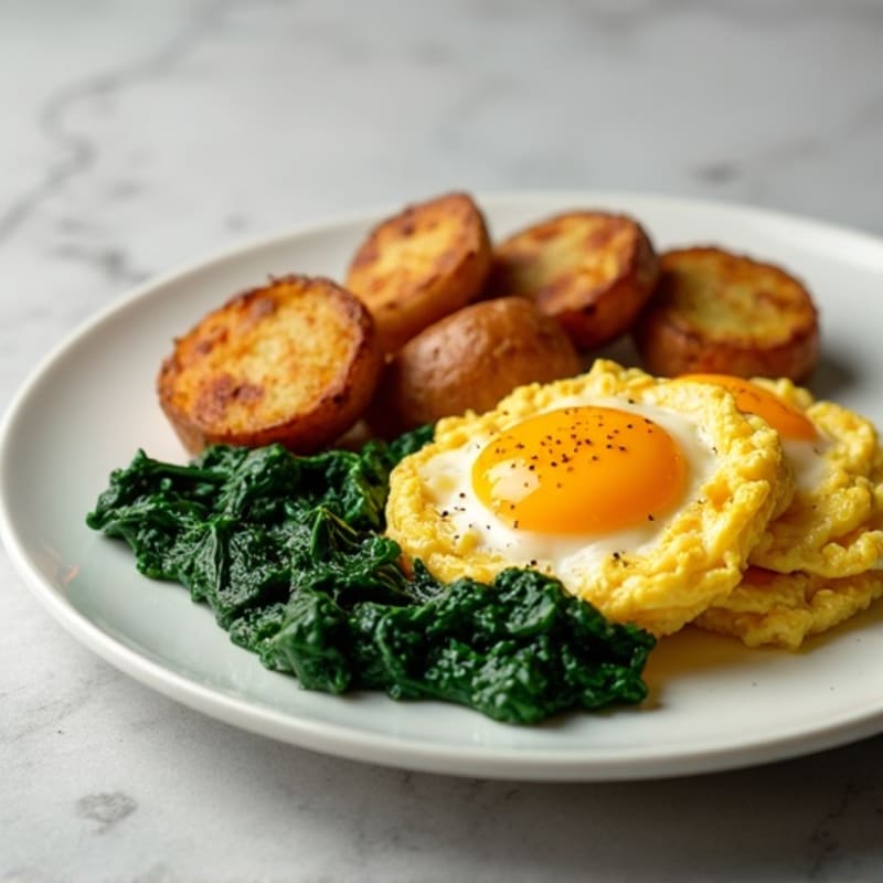 Scrambled Eggs with Roasted Potatoes and Sautéed Spinach
