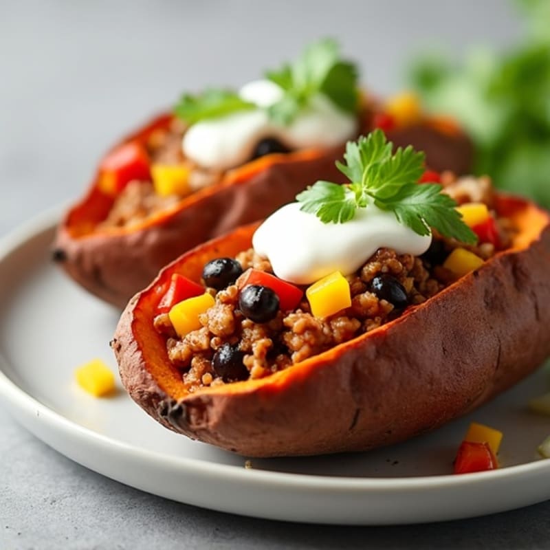 Loaded Turkey Chili Sweet Potato Boats