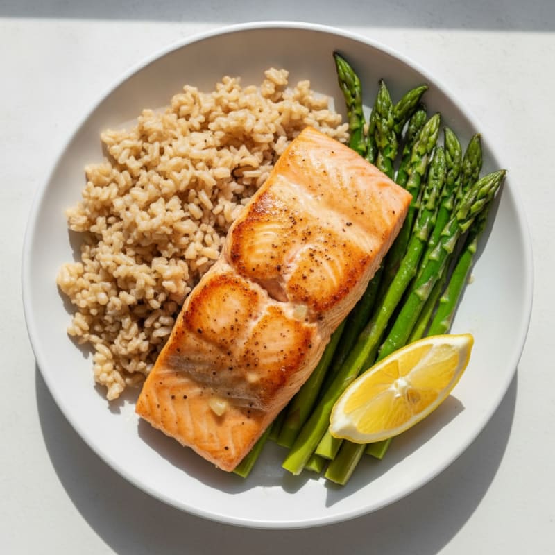 Seared Salmon with Steamed Asparagus and Brown Rice