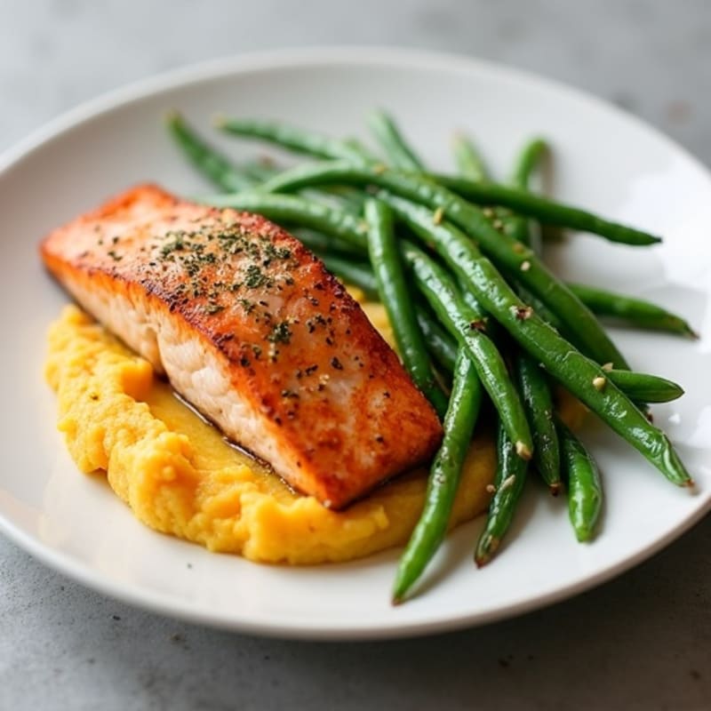 Seared Salmon Fillet with Garlic Green Beans and Mashed Sweet Potato