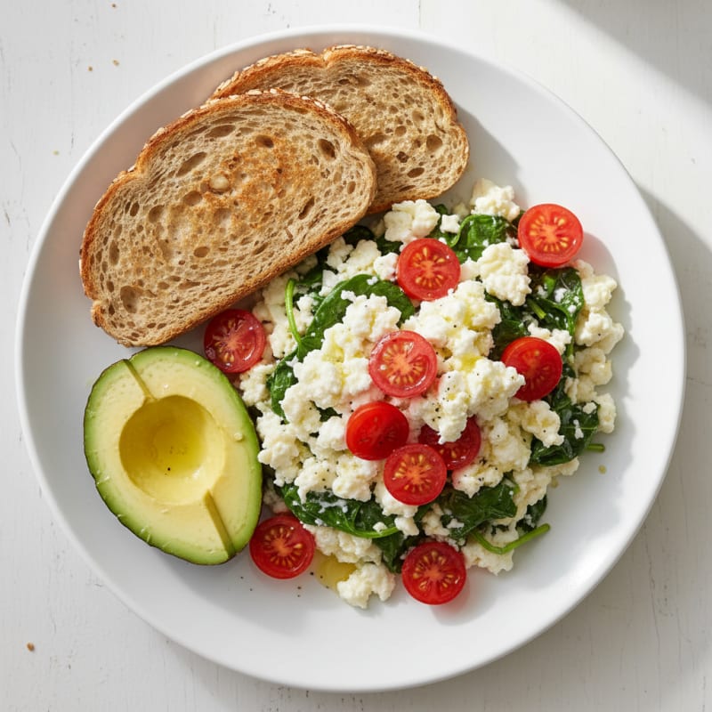 Egg White Spinach Scramble with Cottage Cheese and Cherry Tomatoes