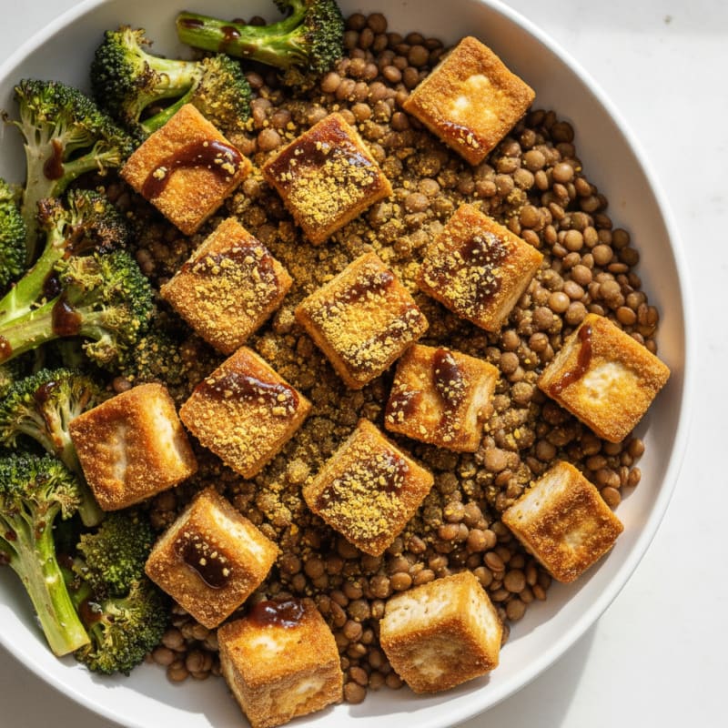 Crispy Tofu and Lentil Power Bowl with Roasted Broccoli