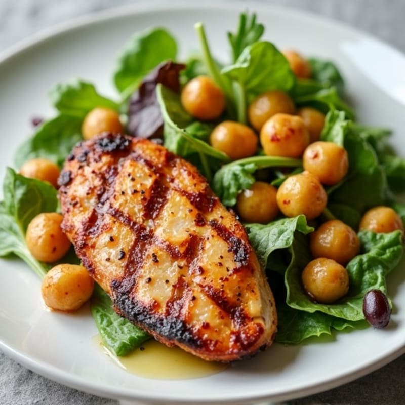 Grilled Chicken Breast with Crispy Chickpeas and Mixed Greens