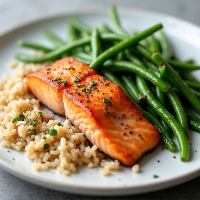 Seared Salmon with Garlic Green Beans and Brown Rice