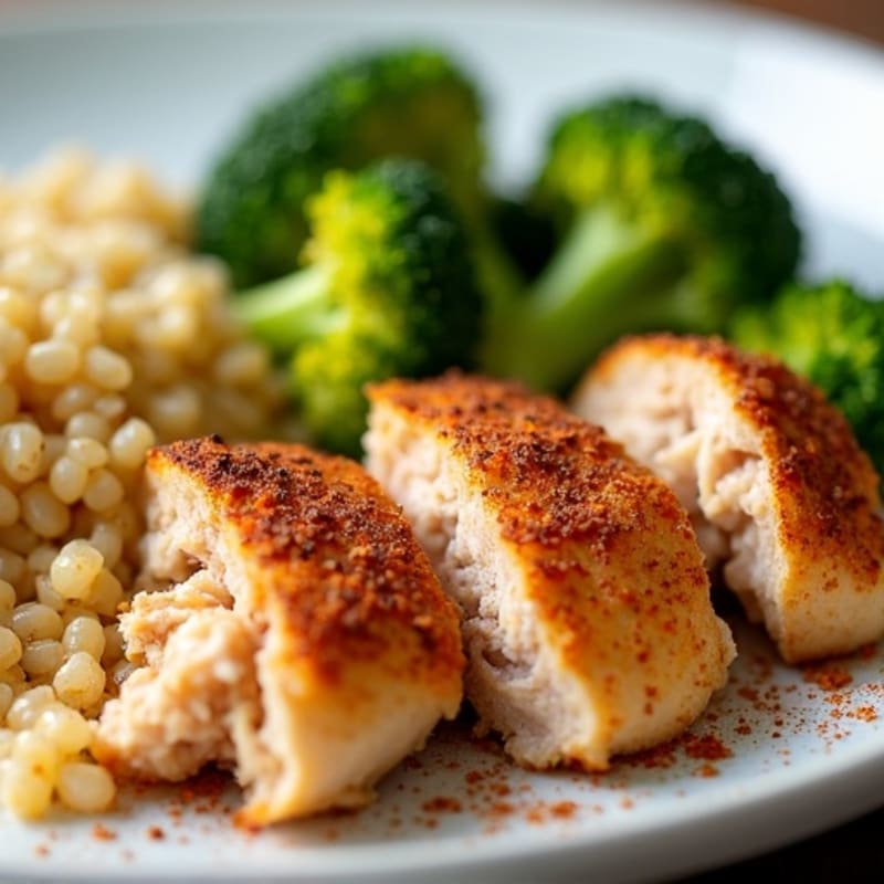 Slow Cooked Shredded Chicken Breast with Roasted Broccoli and Quinoa