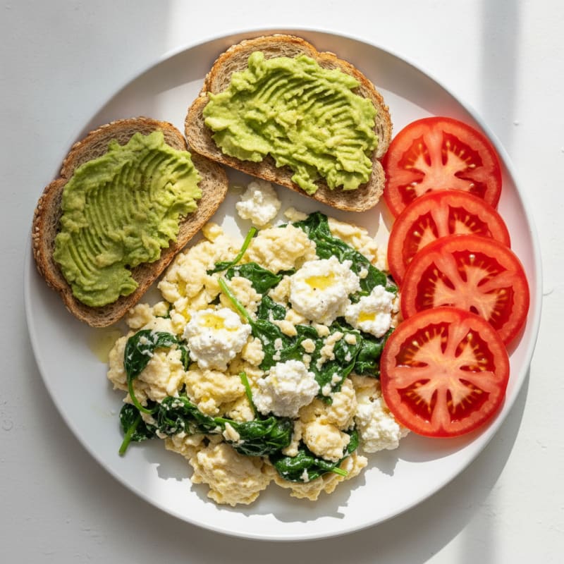 Egg White and Spinach Scramble with Cottage Cheese and Fresh Tomatoes