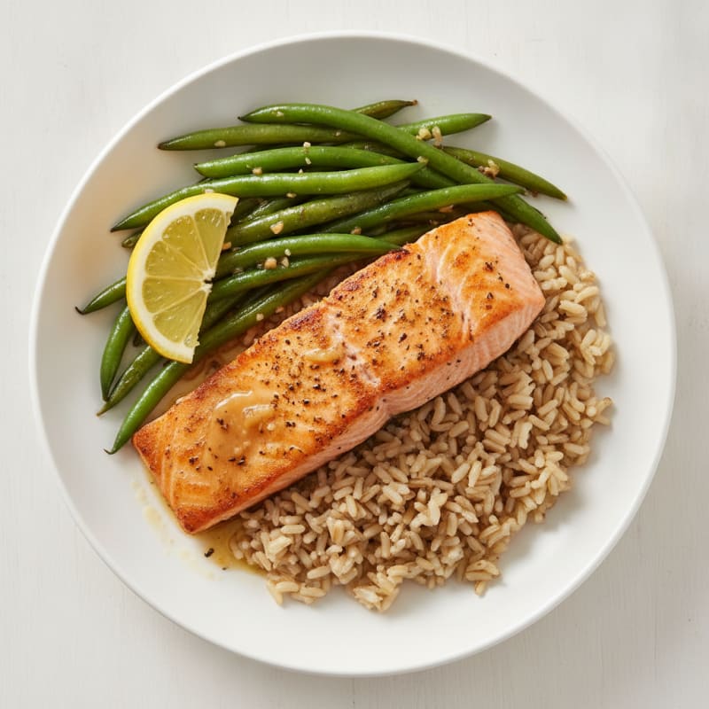 Seared Salmon Fillet with Garlic Green Beans and Brown Rice