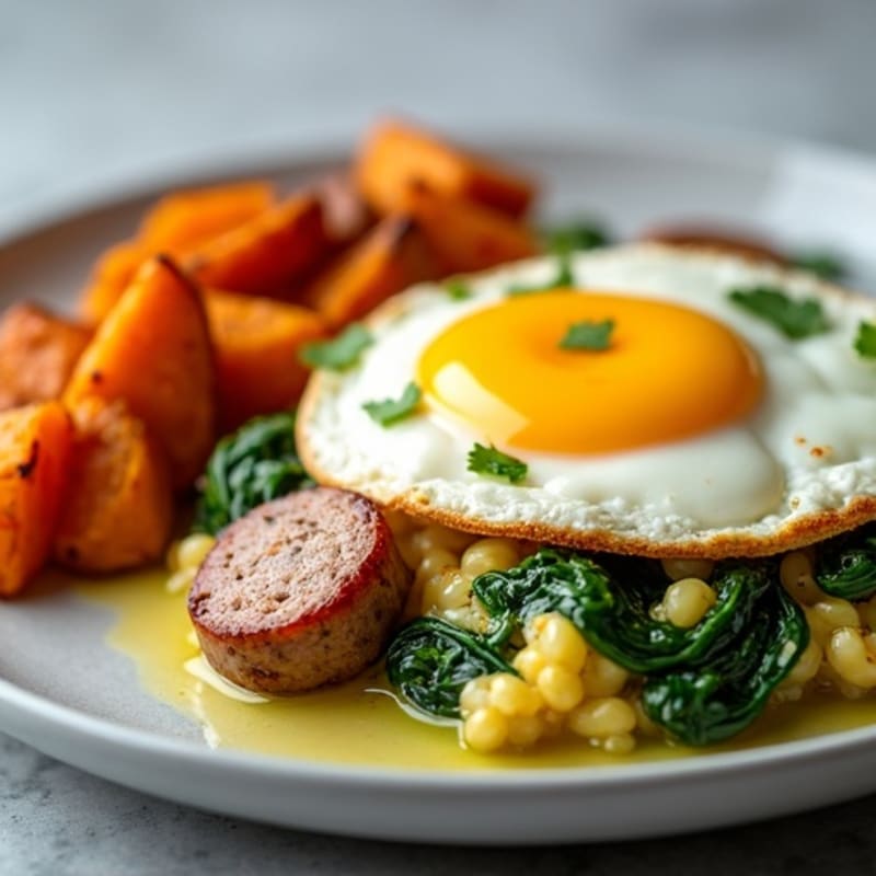 Egg White and Turkey Sausage Scramble with Spinach and Roasted Sweet Potato