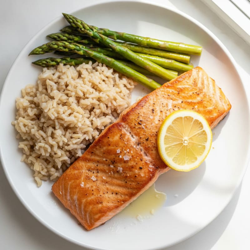 Seared Salmon Fillet with Steamed Asparagus and Brown Rice