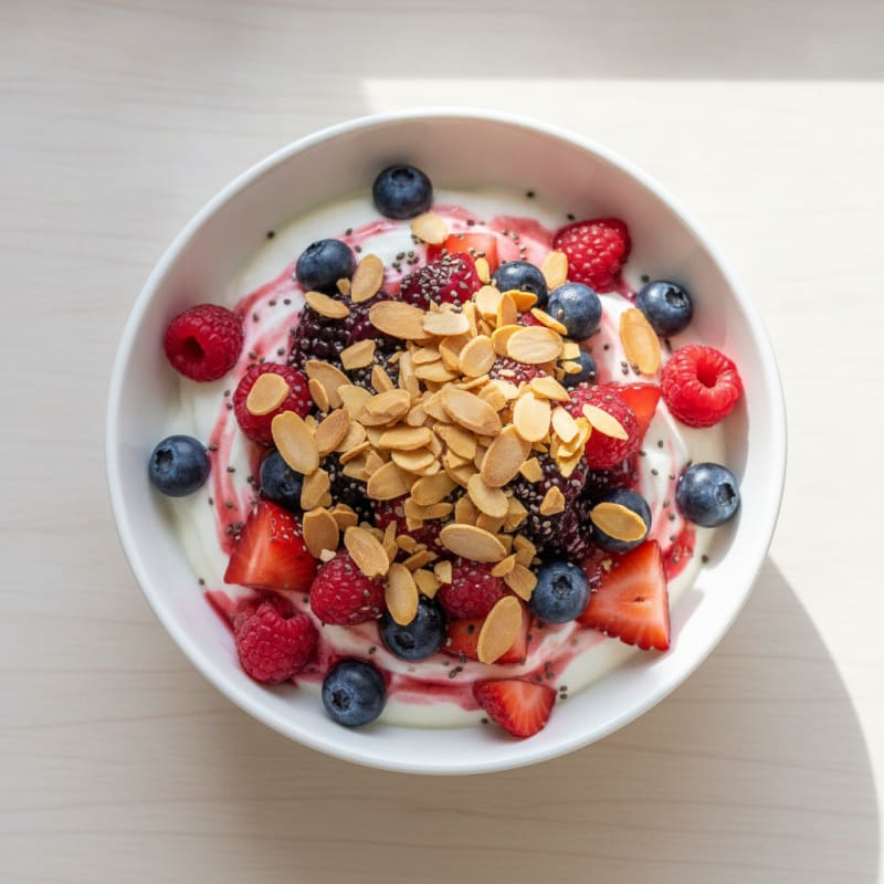 Greek Yogurt Protein Parfait with Mixed Berries and Almonds