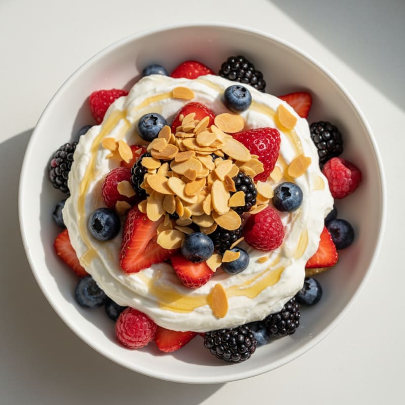 Greek Yogurt Protein Parfait with Mixed Berries and Almonds