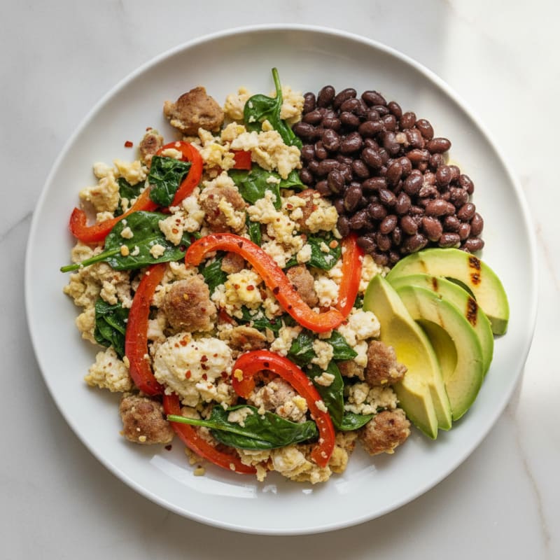 Egg White and Turkey Sausage Scramble with Spinach and Bell Peppers