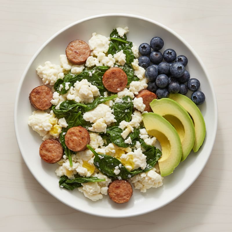 Egg White Scramble with Turkey Sausage and Sautéed Spinach