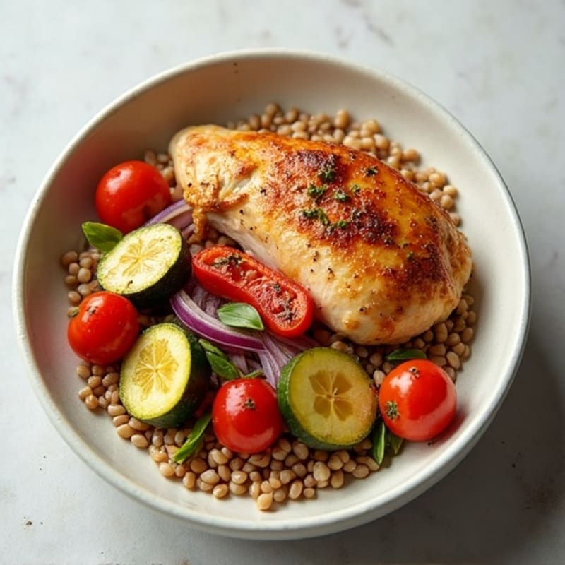 Barley Bowl with Roasted Chicken and Crispy Roasted Vegetables