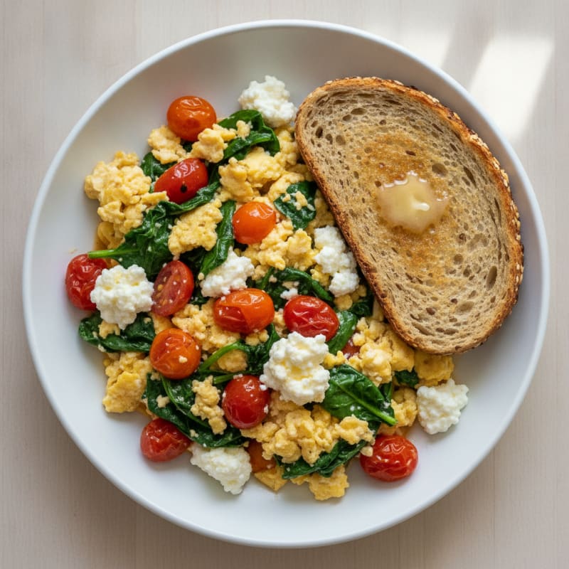 Cottage Cheese Egg Scramble with Spinach and Cherry Tomatoes